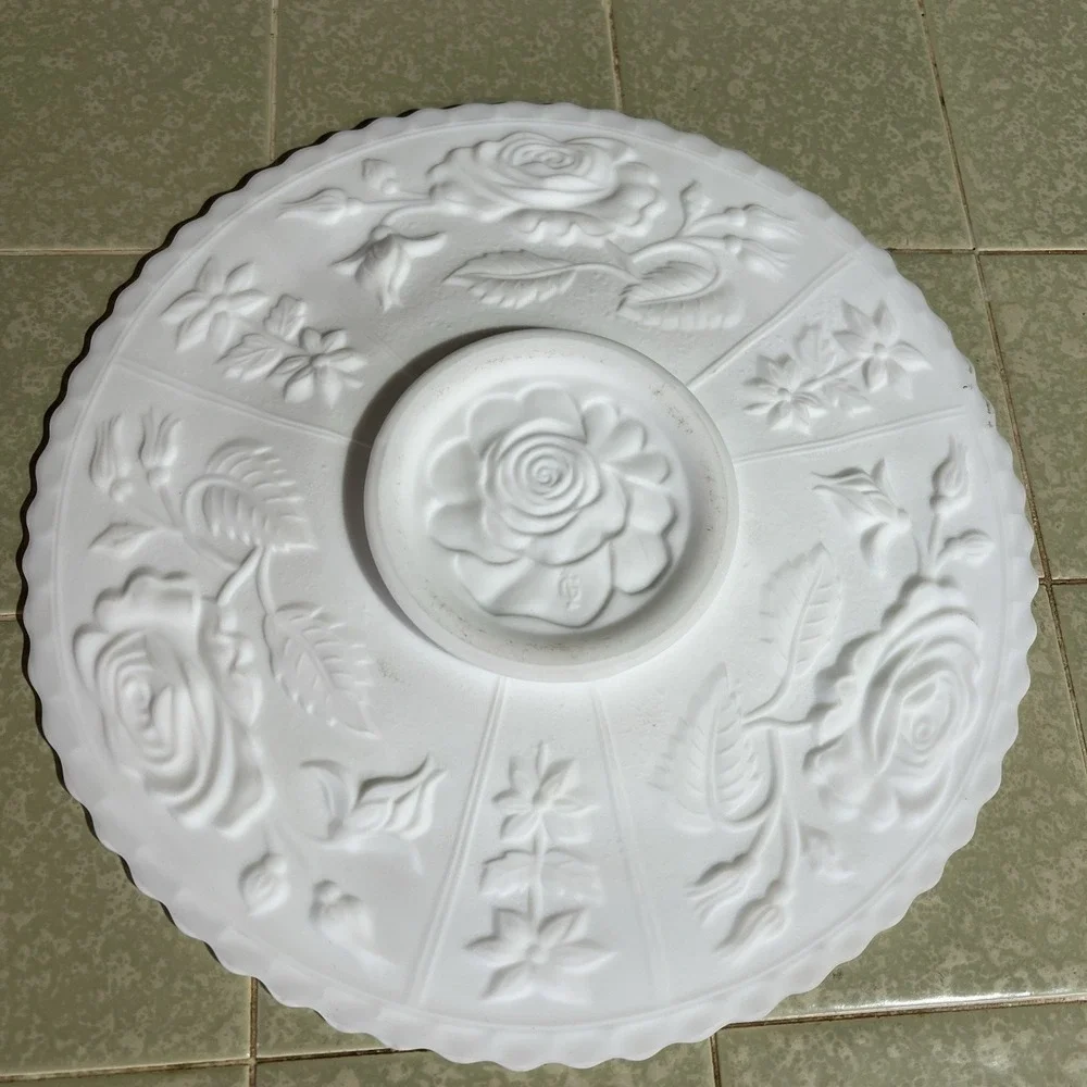 Vintage‎ Imperial Satin Milk Glass Cake, Buffet Plate Raised Roses Excellent 11